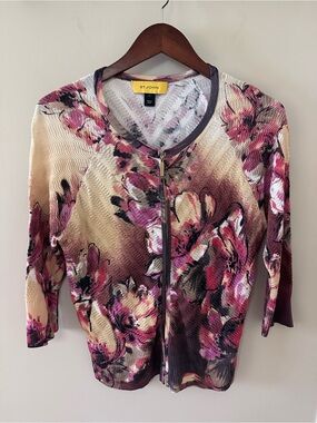 St. John Floral Zip Up Round Neck Cardigan